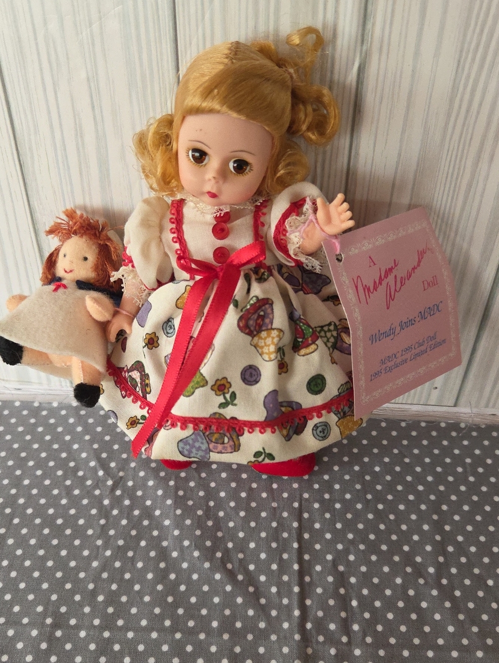 Madame Alexander Cream Dress with Red Trim and Multicolor Mushroom Print